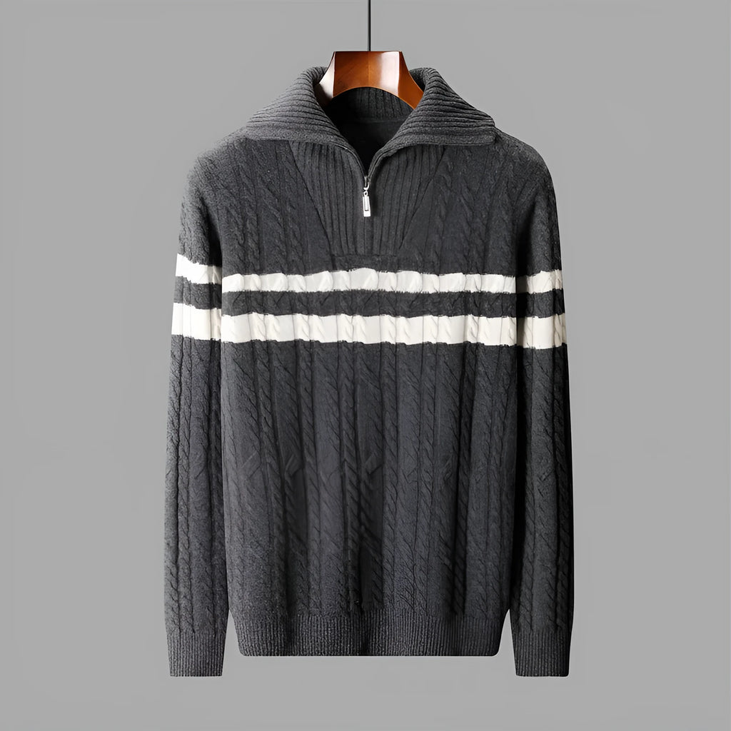 Thickened zipper lapel high collar loose sweater in dark gray with raglan sleeves, front view on model