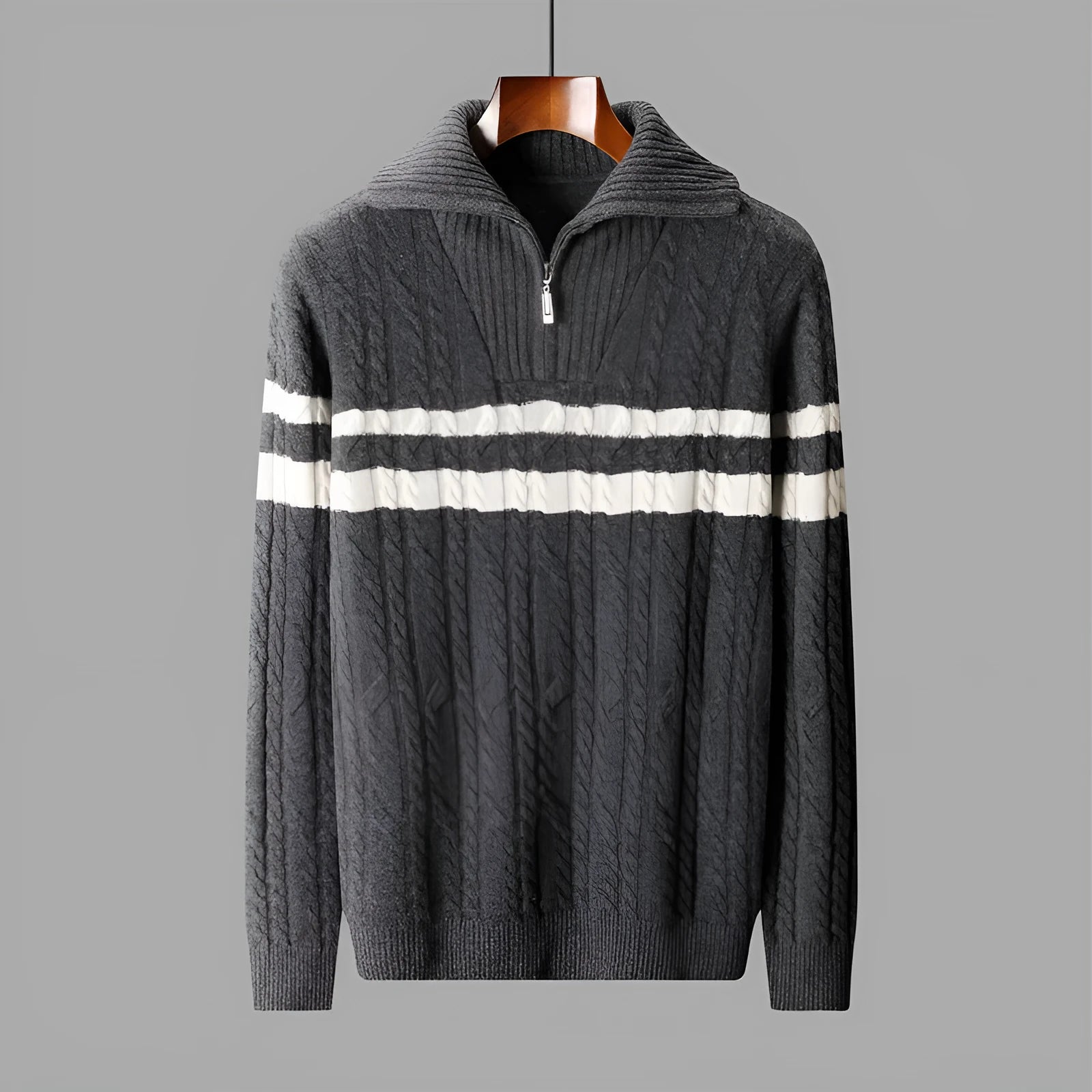 Thickened zipper lapel high collar loose sweater in dark gray with raglan sleeves, front view on model