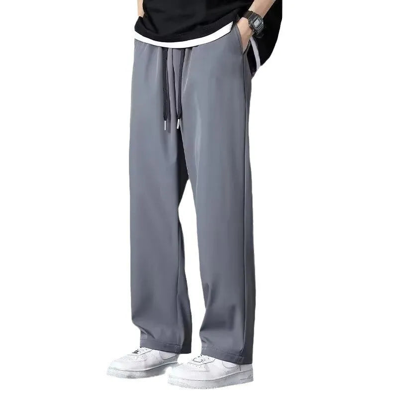 Ice silk men's wide leg drooping pants in black, elastic waist, straight cut, summer casual trousers