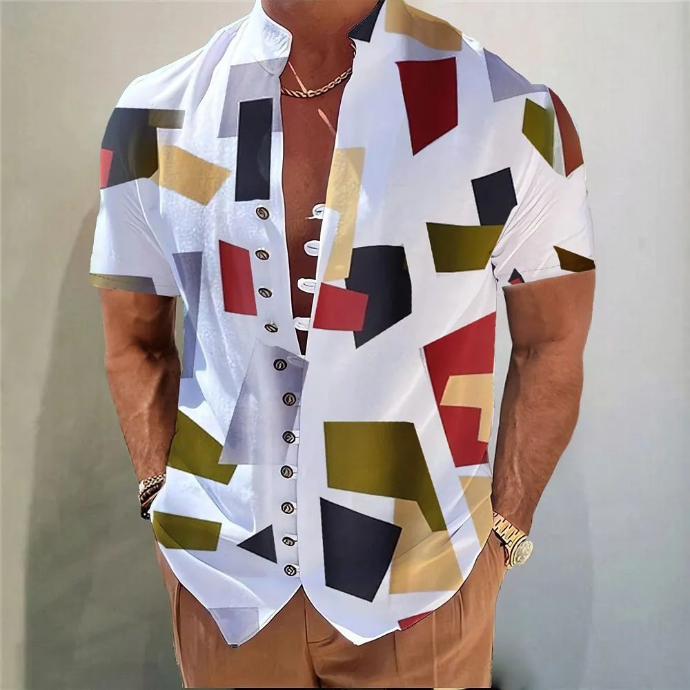 Youth wearing a short sleeve cardigan with a blue and white 3D geometric floral print pattern.