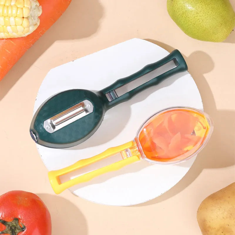 Yellow peeling knife with a blade cover, next to a potato on a kitchen counter