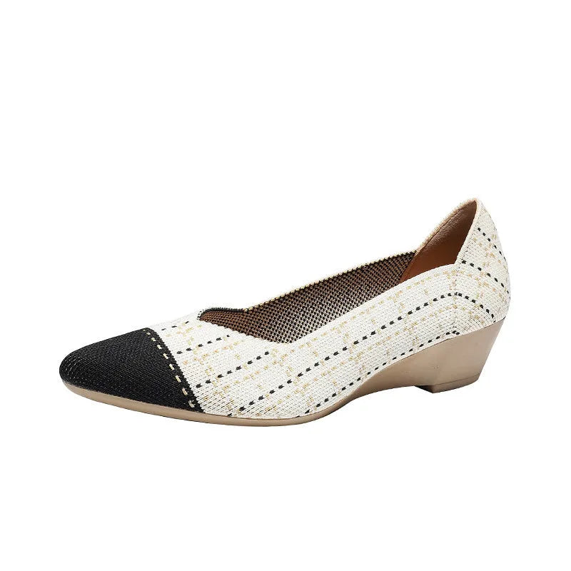 Women's knit wedge casual shoe in pearl grey with a 3-5cm heel and rubber sole.