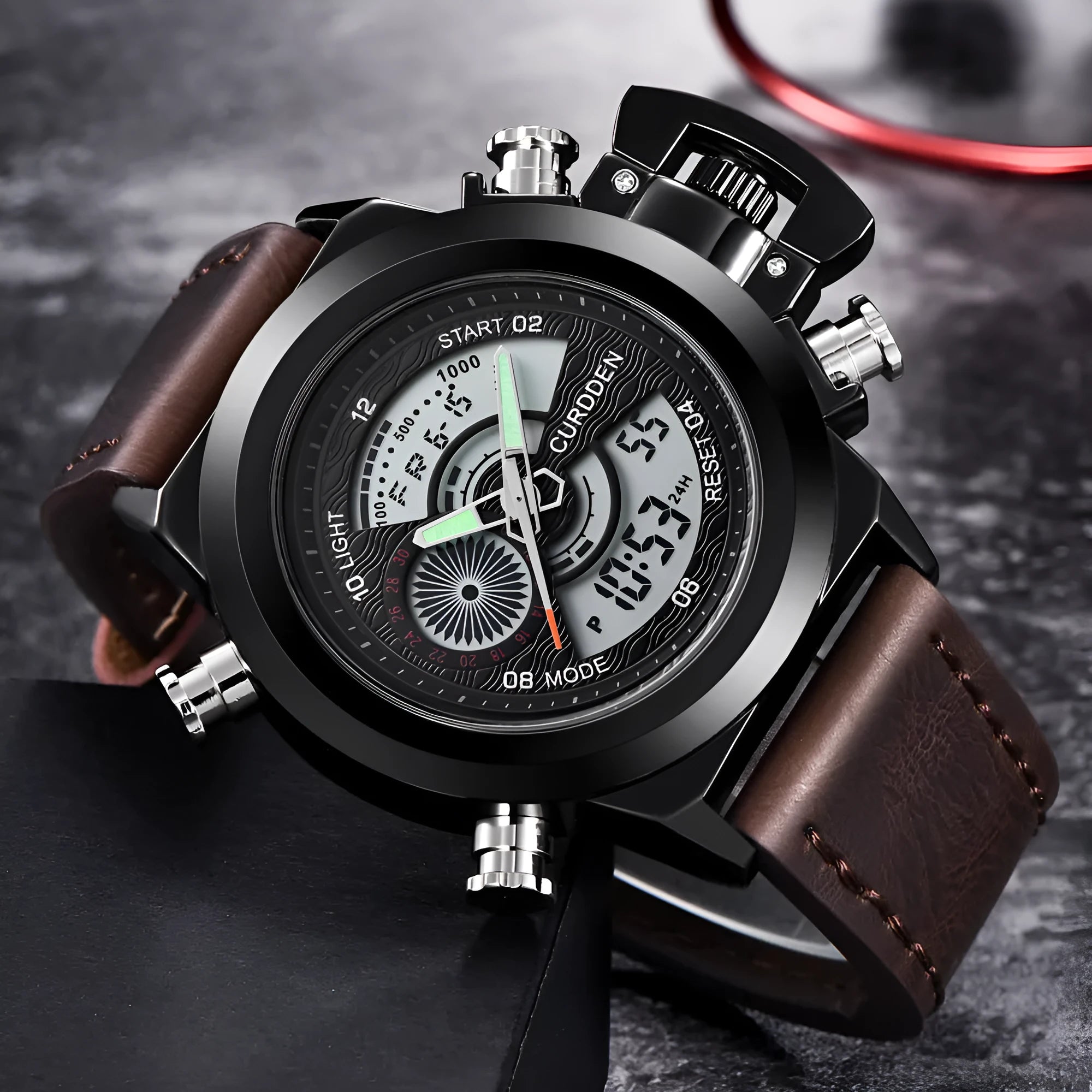 Men's sports watch with dual display, leather strap, black dial, 4.7cm surface diameter