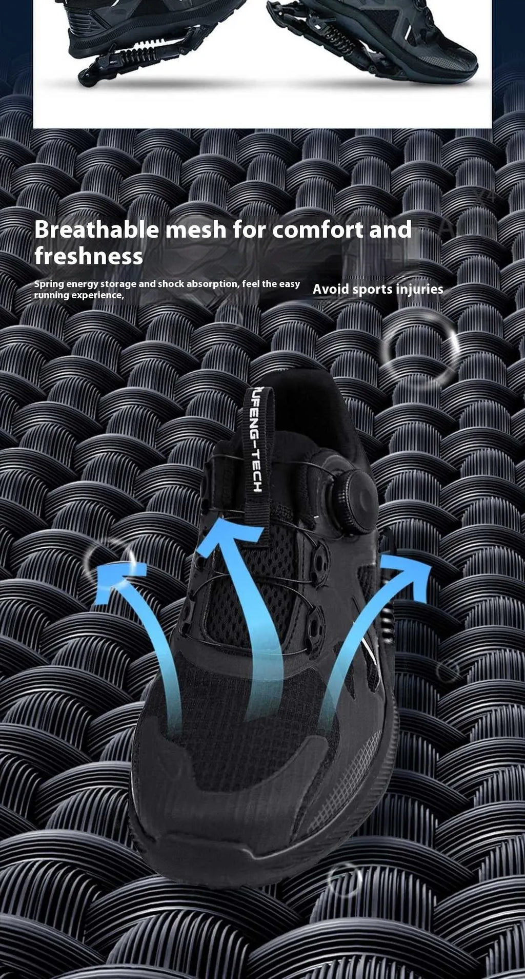 Black mid-top running shoes with buckle fastening and mesh upper design