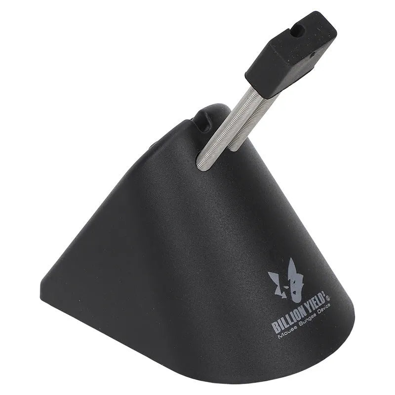 Black ABS plastic cable bracket holding a wired mouse cord on a desk
