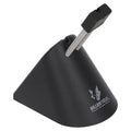 Black ABS plastic cable bracket holding a wired mouse cord on a desk