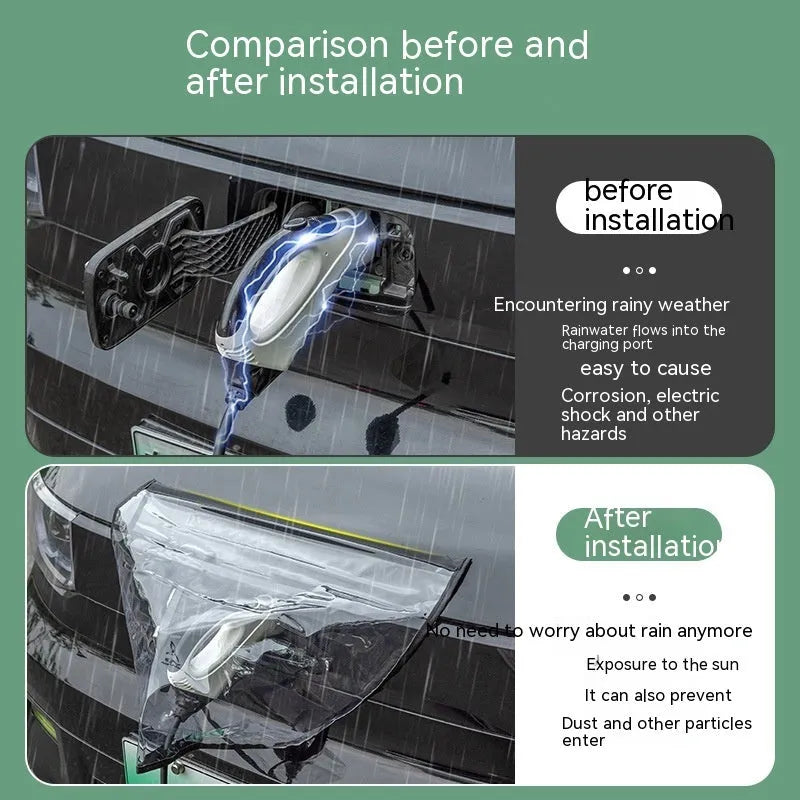 Black waterproof PVC rain cover for electric vehicle charging gun, shown with magnetic strips.