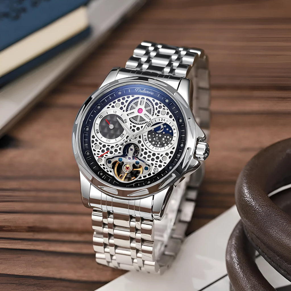 Men's automatic waterproof watch with luminous hands and 13mm steel case on wrist
