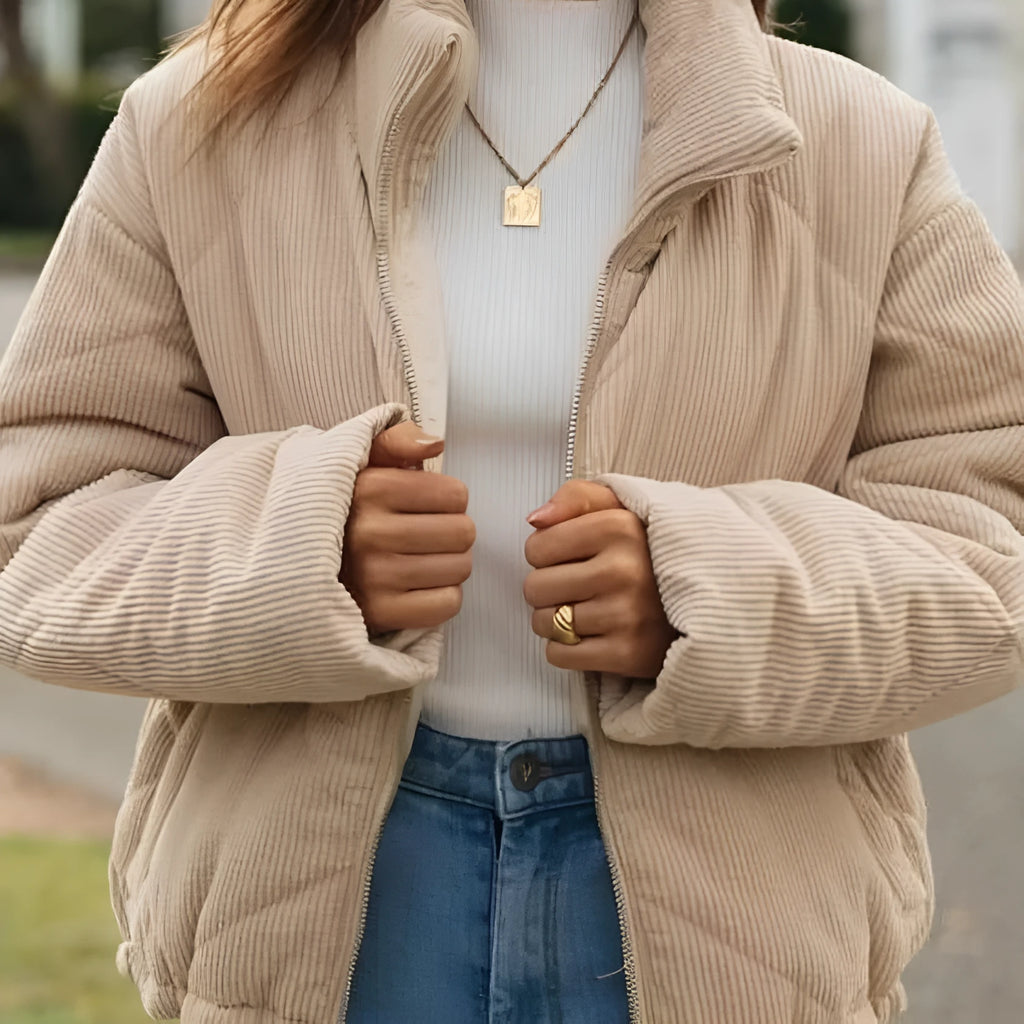Women's apricot corduroy wadded jacket with stand collar and zip front closure