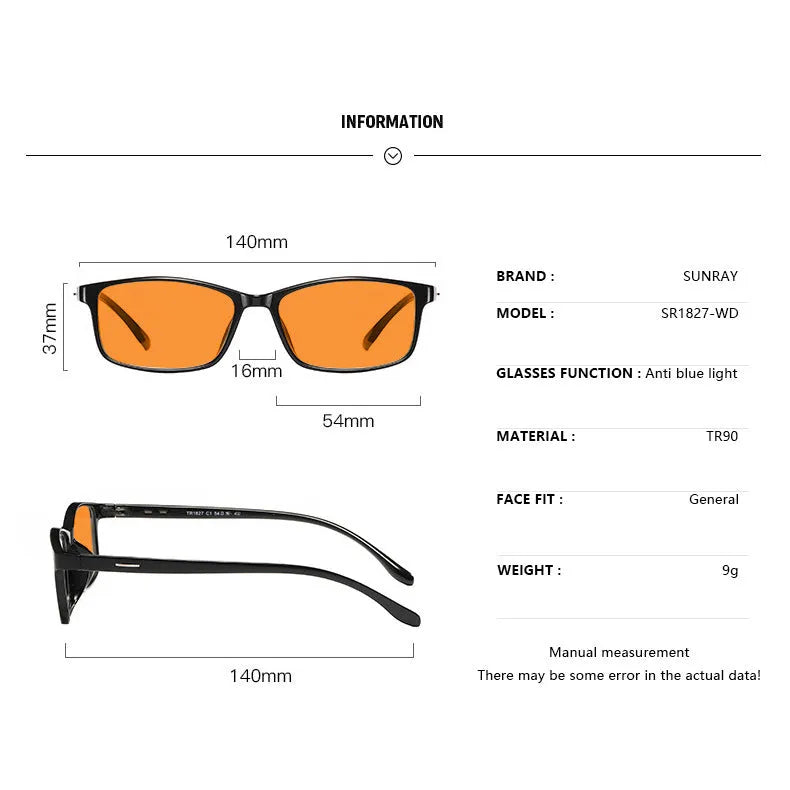 Orange lens blue light glasses in full-rim frame with four colour options for street fashion