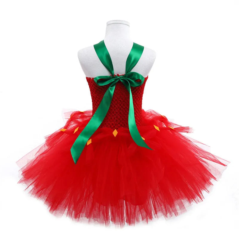 Red girls princess dress with lace and mesh in South Korean silk on a white background.