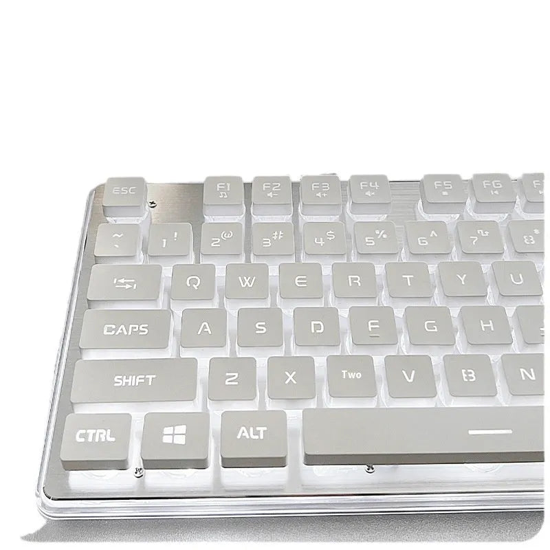 Button Mute wired mechanical keyboard with backlit keys on a desk, showing colour options.