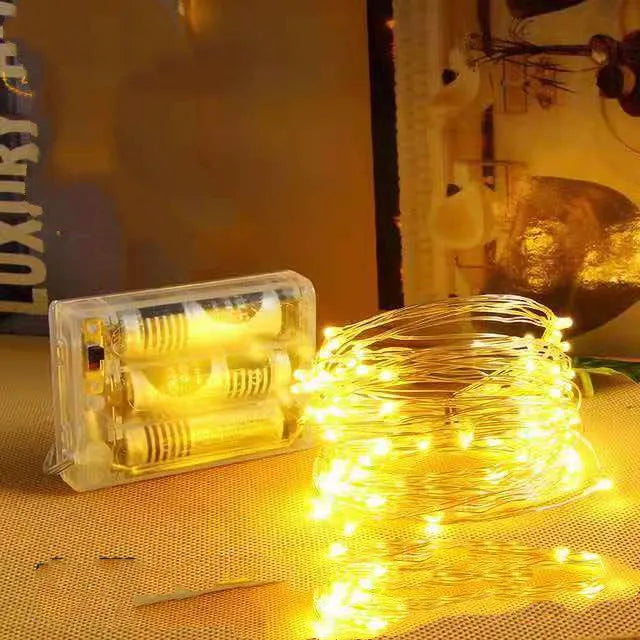 Copper wire string light with LED bulbs, battery box, and USB plug on a 12-metre cable.