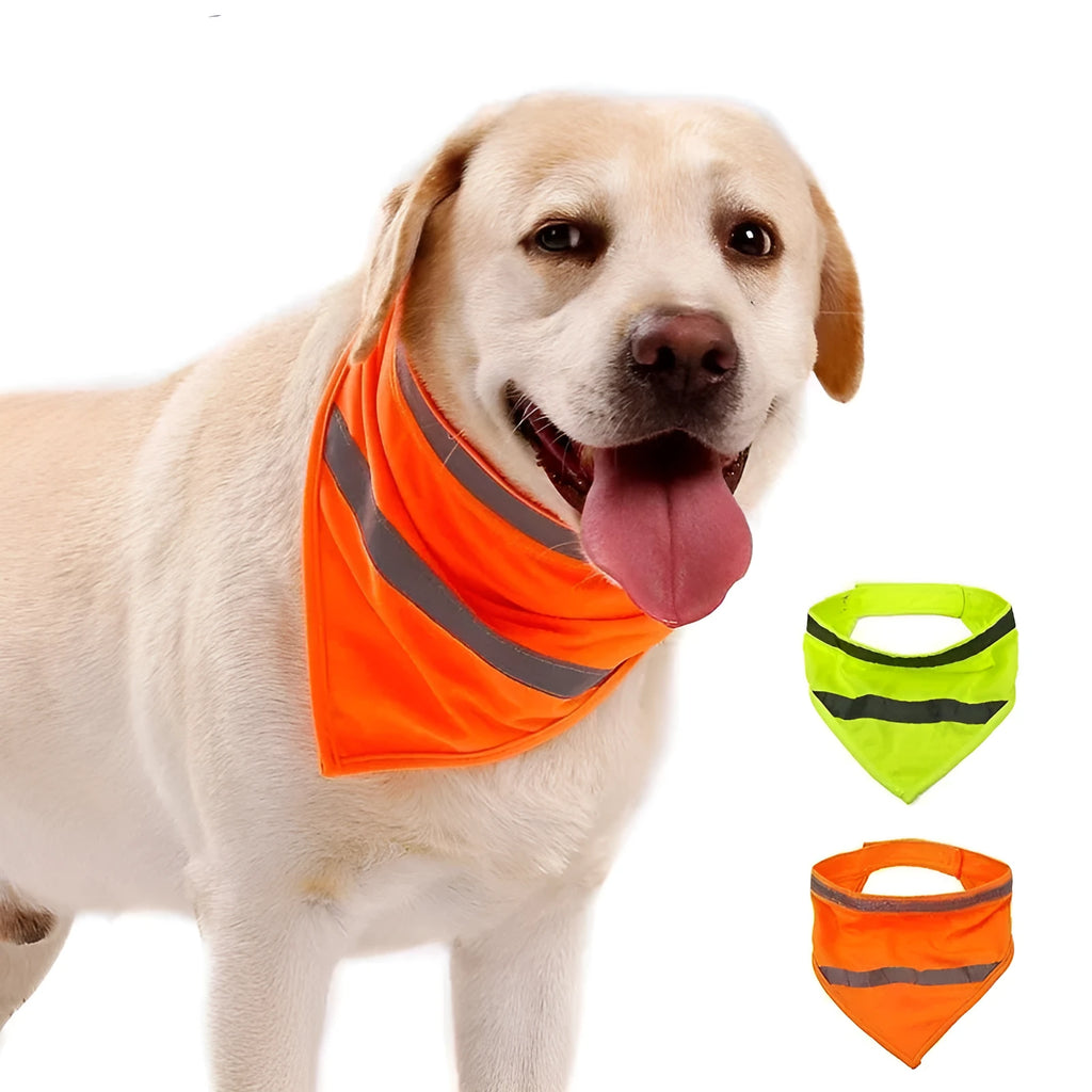 Yellow and orange reflective dog bandana with adhesive strap, shown on a dog's neck.