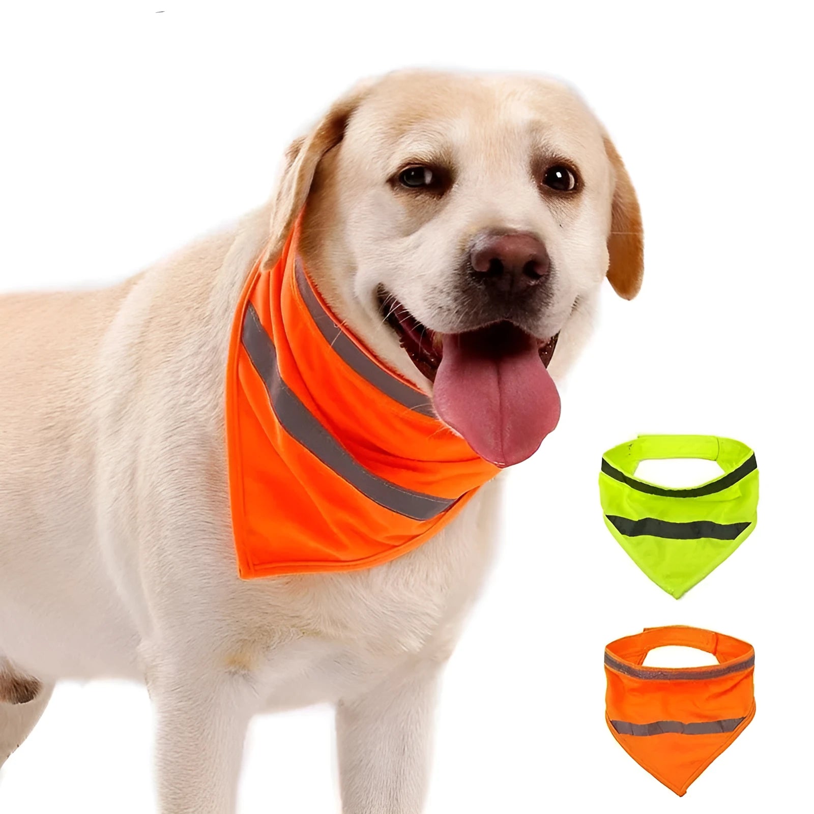 Yellow and orange reflective dog bandana with adhesive strap, shown on a dog's neck.