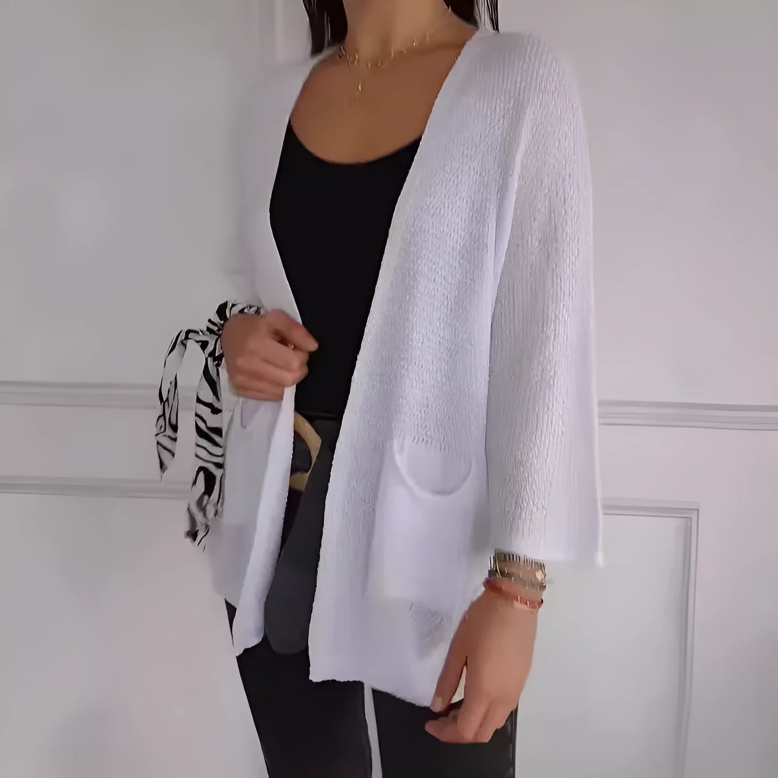 Women's waffle-textured cardigan coat with nine-quarter length sleeves in Army Green.