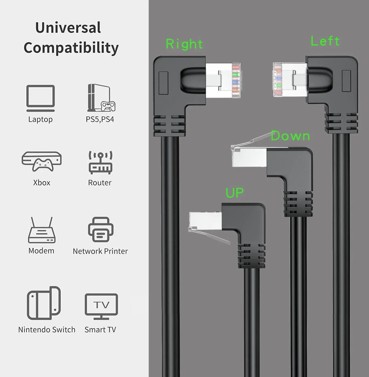 Cat6 Ethernet cable with right-angled metal RJ45 connector in various colour options