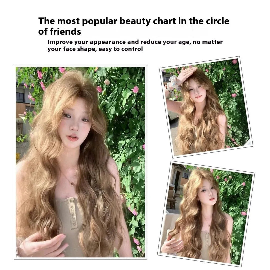 Linen brown curly medium wig with high temperature fibre hair and hair net
