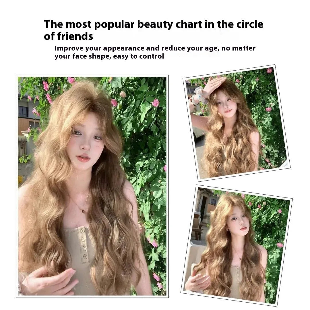 Linen brown curly medium wig with high temperature fibre hair and hair net