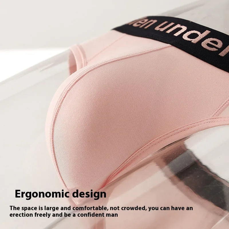 Men's modal briefs in black, pink, or white showing low waist and gradient belt design.