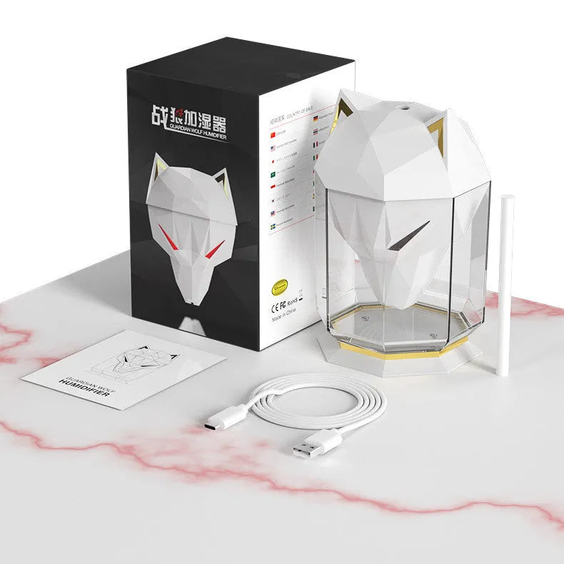 Black and white desktop humidifier with colourful lights and USB cable