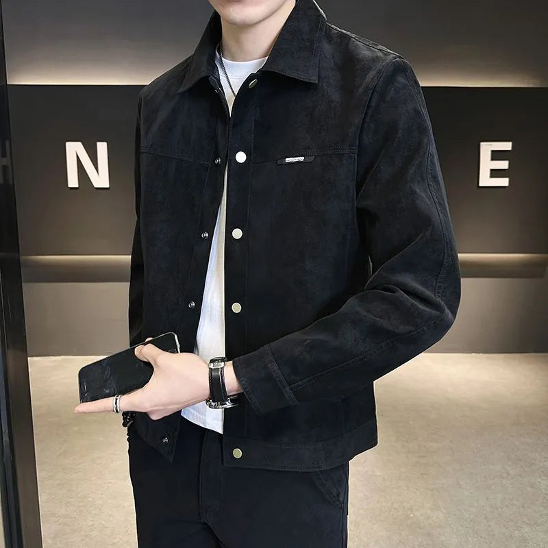 Solid colour suede lapel spring jacket for men, regular fit, long sleeves, side pockets, brown colour