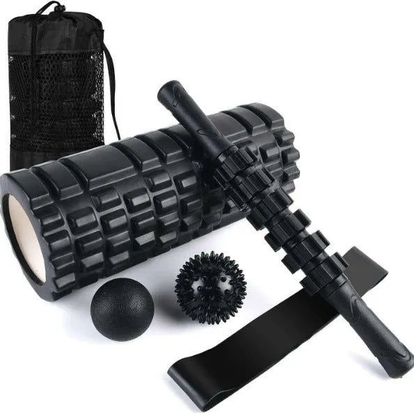 33cm black foam roller massage stick with six rotating EVA gear pieces