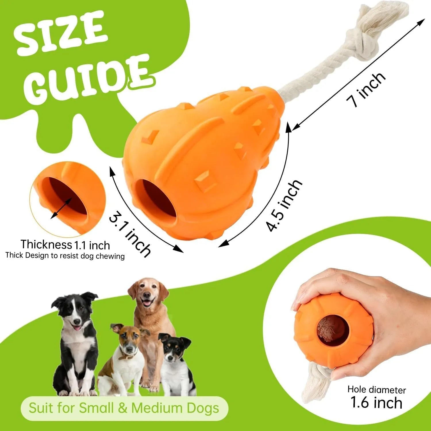 Natural rubber stuffable dog chew toy with a long strap for fetch, showing hollow treat-dispensing centre.