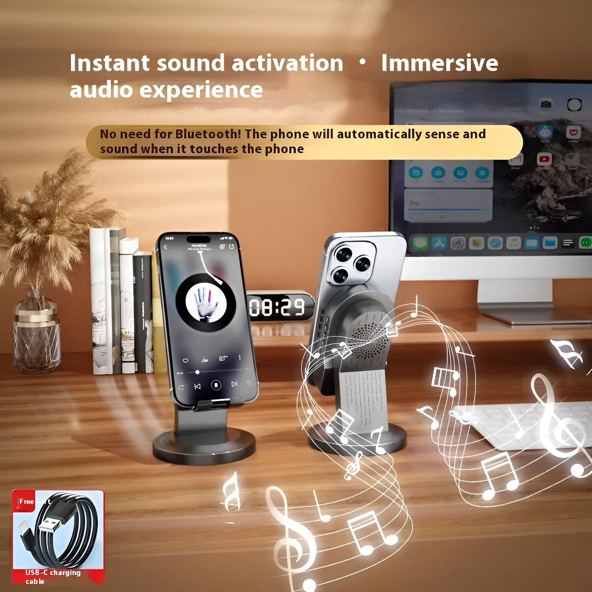 Three-in-one wireless induction speaker and Bluetooth phone bracket in black or white, with built-in battery and USB cable