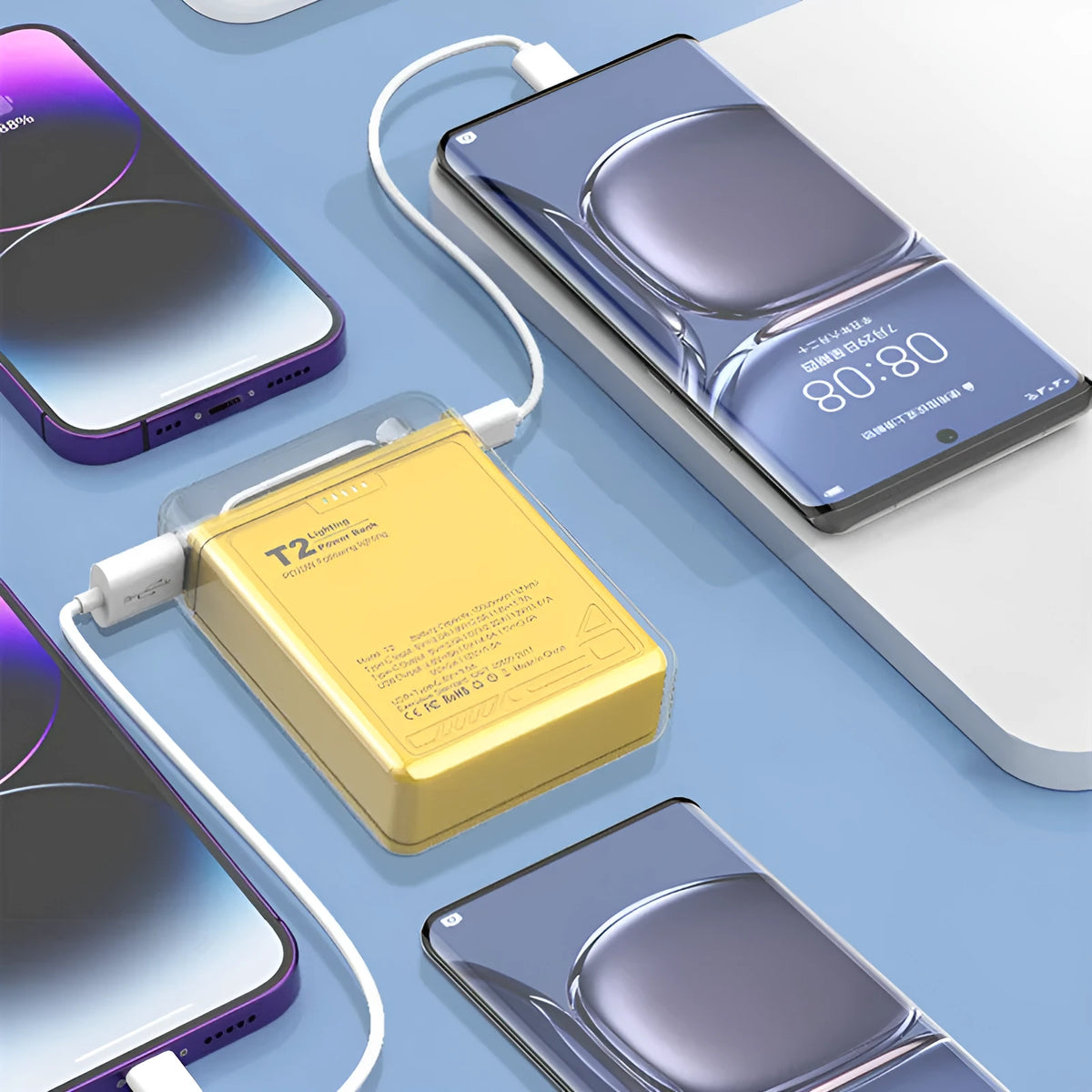 PD fast charging power bank with LED light, ABS PC shell, 90x62.5x24.5mm, in cream rice, night black or lemon yellow