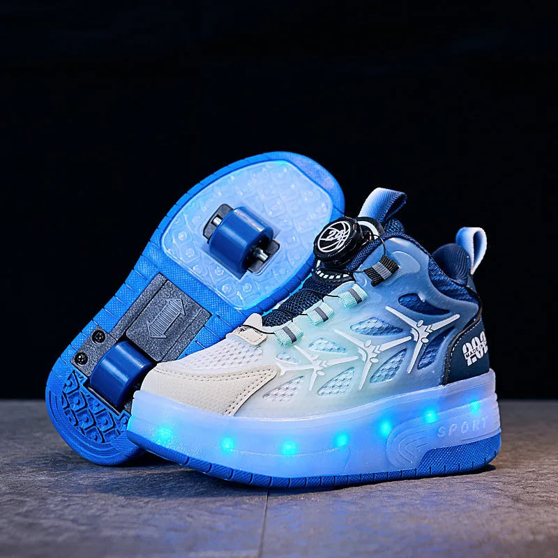 Children's flash knob roller skating shoes with adjustable closure in blue, black, or pink colours