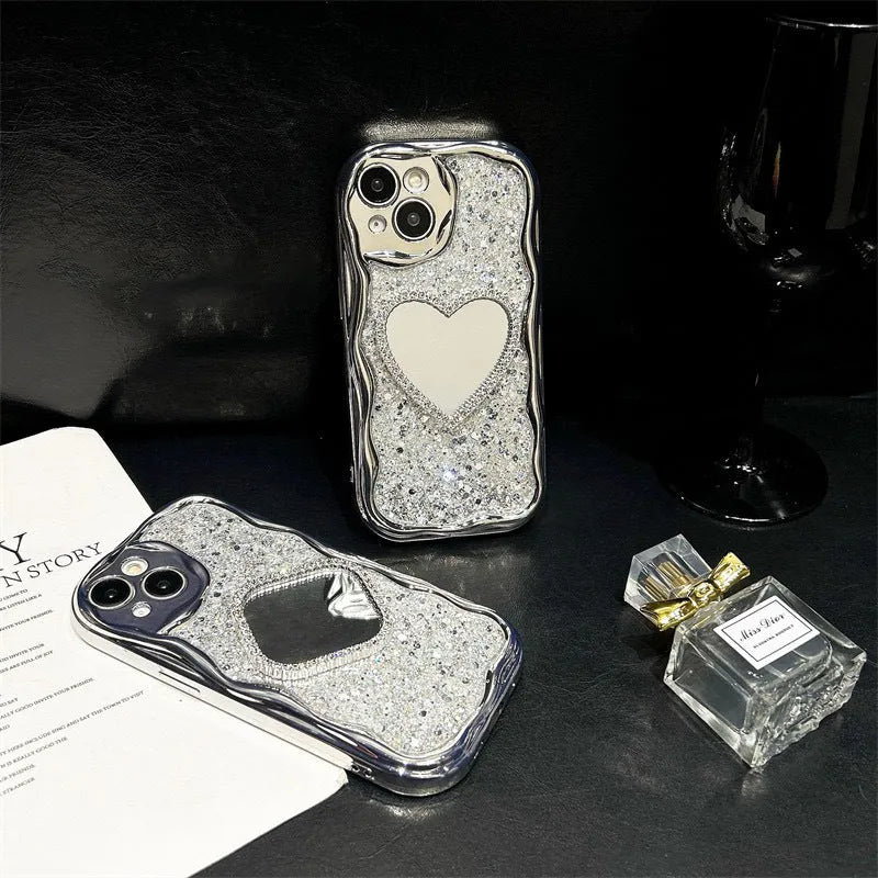 Cream shell high flash epoxy phone case with heart shape mirror in Silver for Apple iPhone