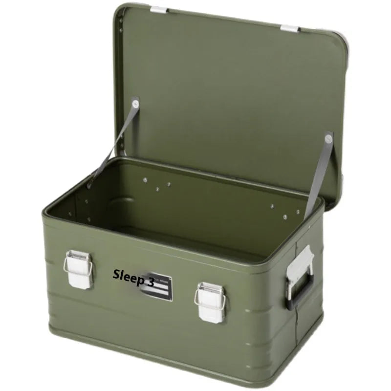 Field green aluminium alloy camping storage box with dimensions 58cm by 38cm by 28cm