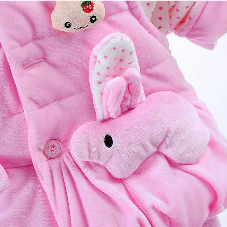 Baby girls' pink flannel three-piece autumn winter clothing set with jacket, pants, and vest.