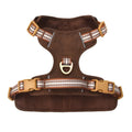 Brown explosion-proof reflective leather dog harness shown on dog with traditional design