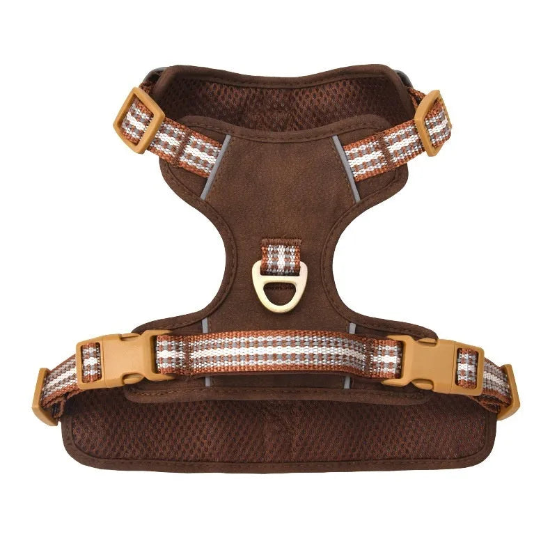 Brown explosion-proof reflective leather dog harness shown on dog with traditional design