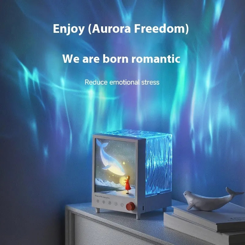 Aurora Treasure Box compact projection lamp showing Star Sea Whale light effect.