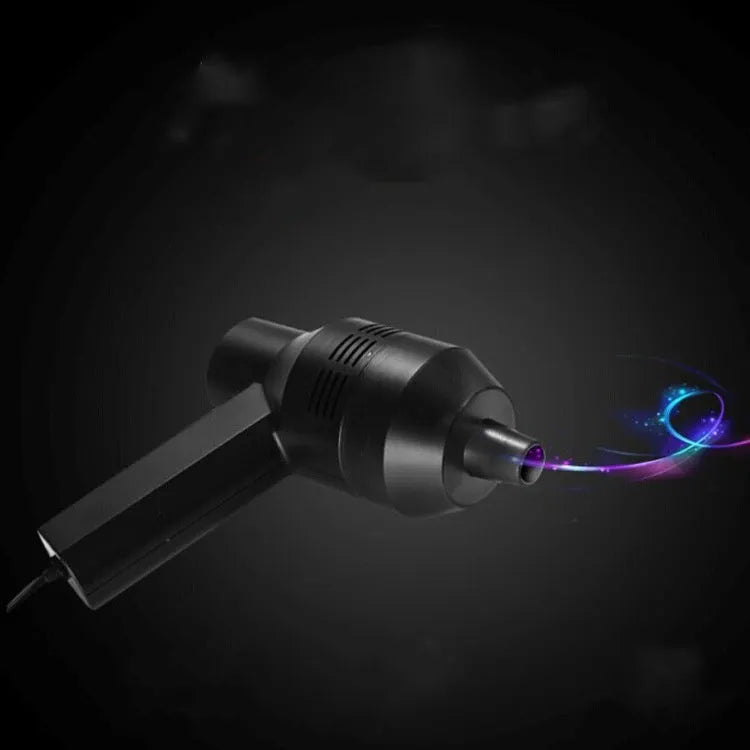 Black handheld desktop mini vacuum cleaner for cleaning keyboards and cars.