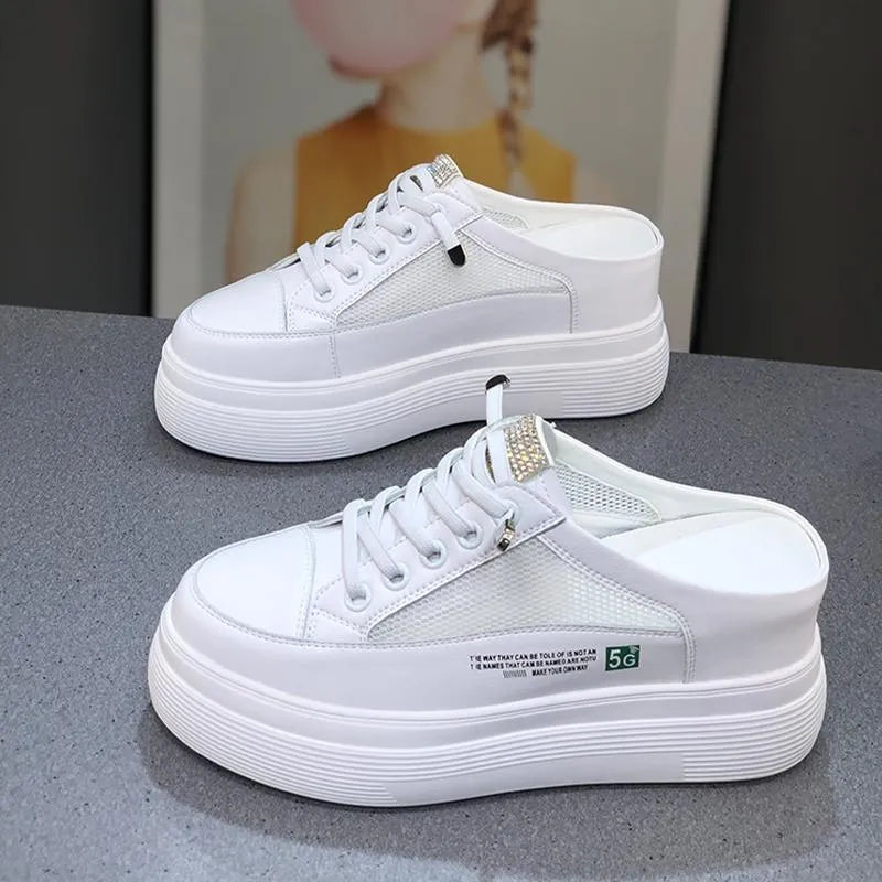 White women's mesh platform lazy shoes with round toe and synthetic leather upper