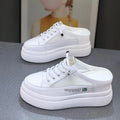 White women's mesh platform lazy shoes with round toe and synthetic leather upper