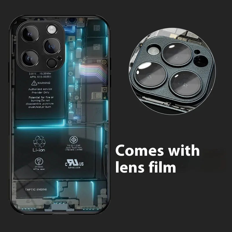 Creative circuit board phone case with lens protector for iPhone, transparent black glass back