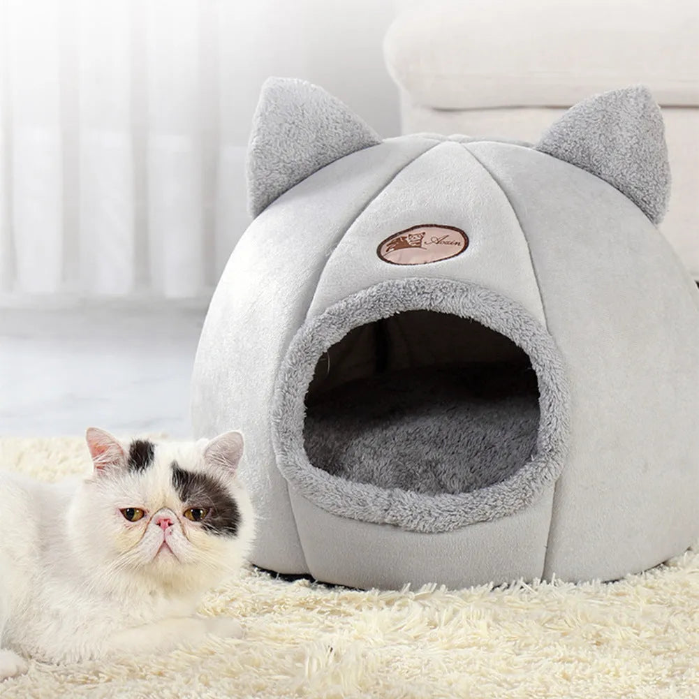 Grey fleece enclosed cube cat bed with entrance hole, shown in small, medium, and large sizes.
