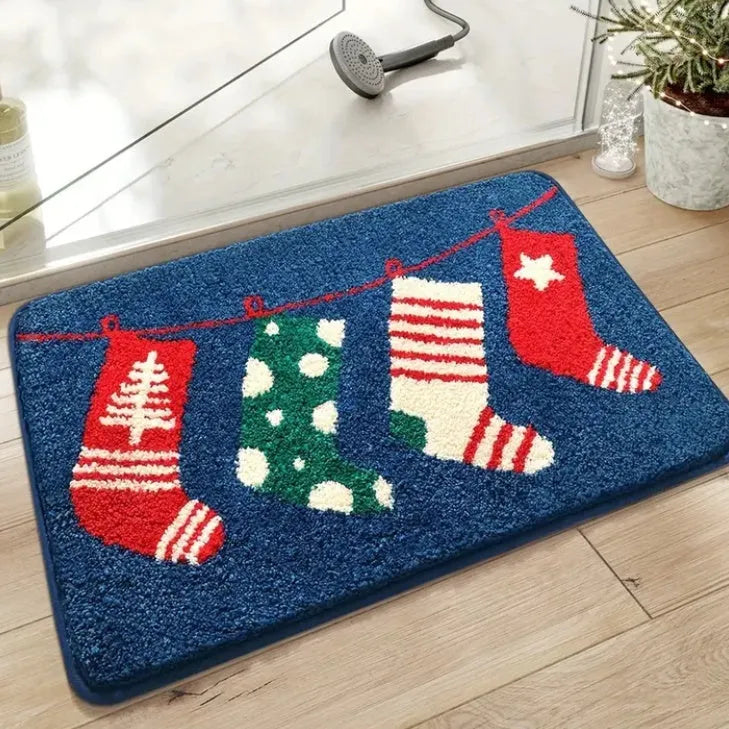 Thickened cartoon plush non-slip bathroom mat 50x80cm polyester fibre Christmas Stockings print