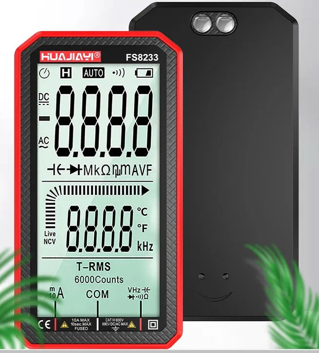Black and red fully automatic digital multimeter with large screen display showing measurement readings