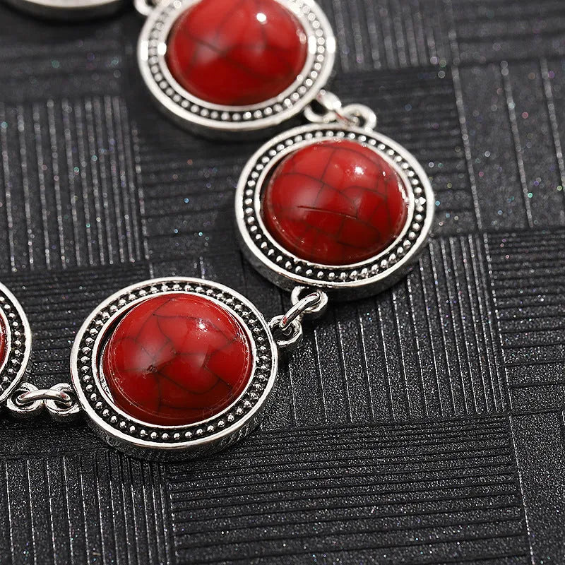 Turquoise ethnic style cuff bracelet in Green, Red, or Silver with ancient silver tone finish, 6.5cm diameter