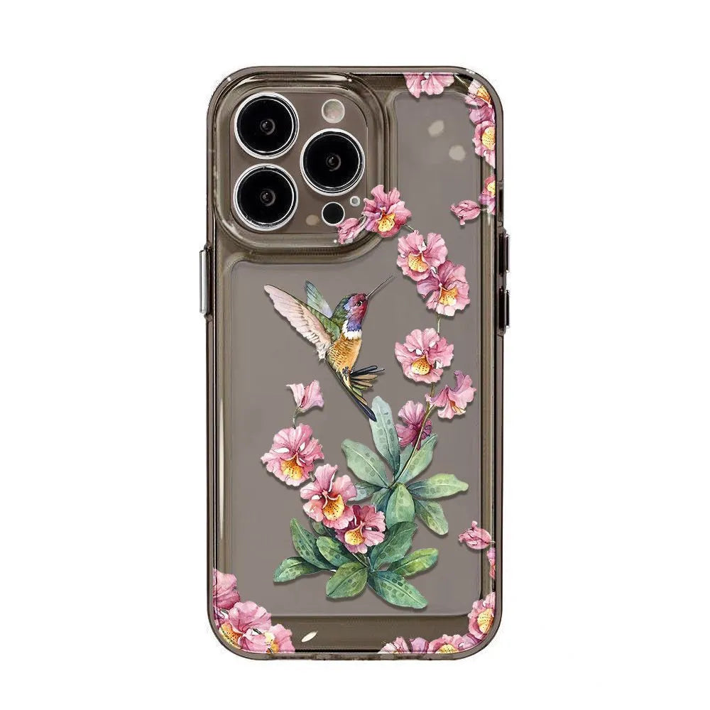 Flower Magpie transparent TPU phone case with fine-hole cutouts for iPhone lying on a flat surface