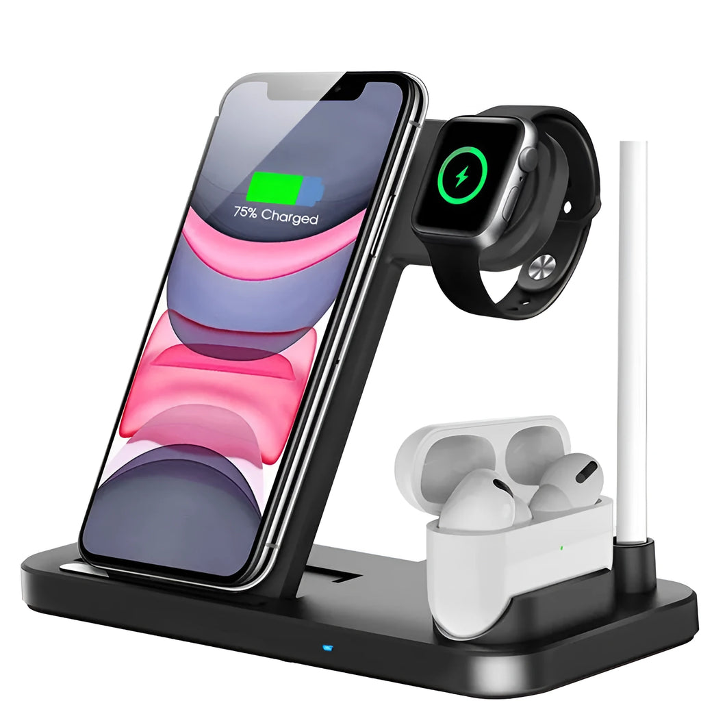 Folding 4-in-1 wireless charger in Space grey colour charging Apple iPhone and pencil simultaneously