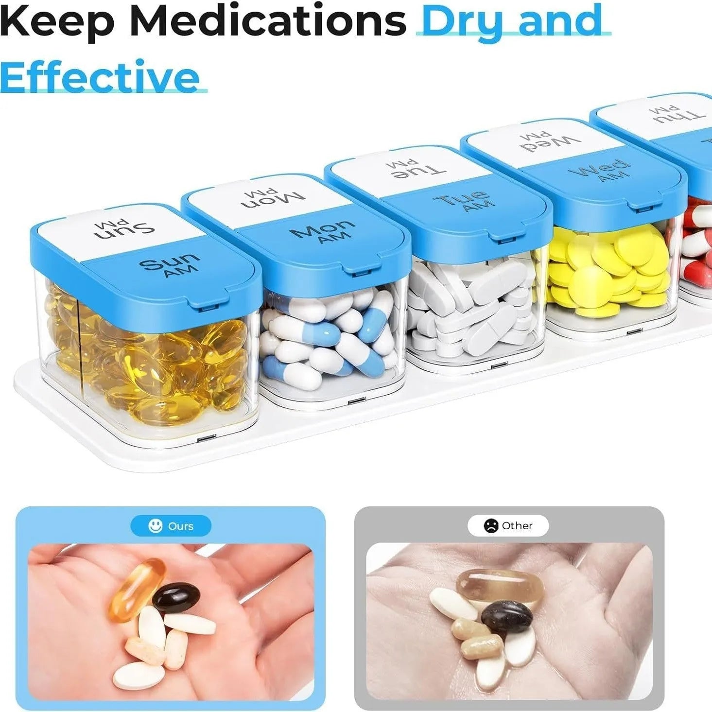 White and rainbow coloured portable weekly pill organiser with 14 removable compartments.