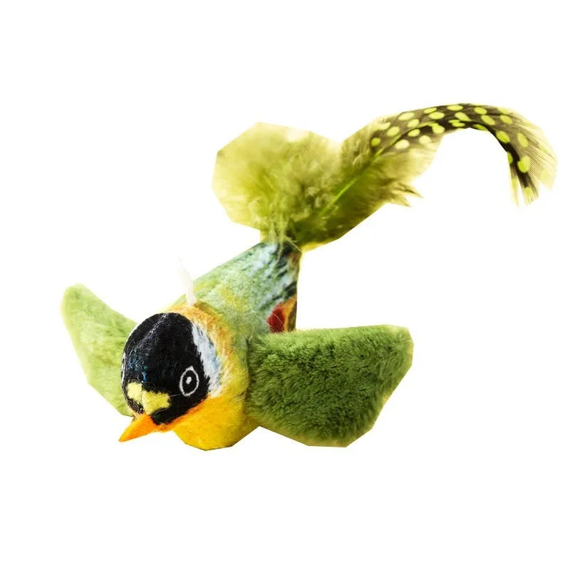 Electric sound simulation bird cat toy in green warbler colour with polyester fibre body