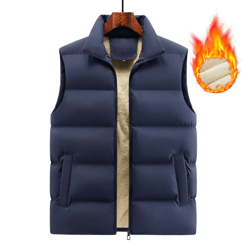 A man's striped lambswool waistcoat for autumn and winter in black, dark blue, or red.
